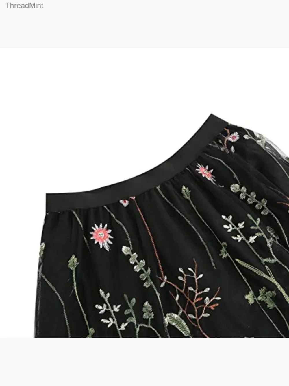 Vintage Floral Embroidered Tulle Midi Skirt Elastic High Waist A-line Swing - Picture 5 of 6